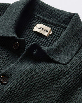 material shot of the collar on The Harbor Sweater Jacket in Black Pine Heather, Knits by Taylor Stitch