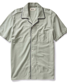 flatlay of The Harwich Shirt in Surf Green Tipped Pique, Knits by Taylor Stitch