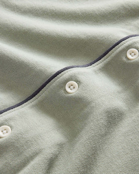material shot of the buttons on The Harwich Shirt in Surf Green Tipped Pique, Knits by Taylor Stitch