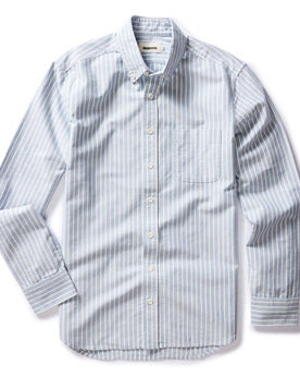 flatlay of The Jack in Blue Stripe Oxford, in full, Wovens by Taylor Stitch