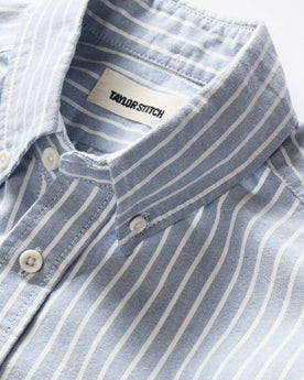 material shot of the button down collar on The Jack in Blue Stripe Oxford, Wovens by Taylor Stitch