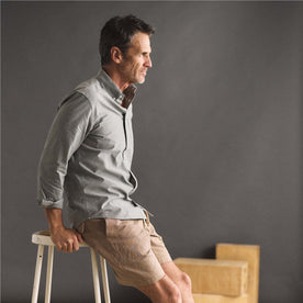 fit model showing the side of The Jack in Deep Sea Chambray