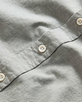 material shot of the natural-colored buttons on The Jack in Deep Sea Chambray, Wovens by Taylor Stitch