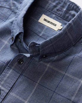 material shot of the button down collar on The Jack in Navy Twist Plaid, Wovens by Taylor Stitch