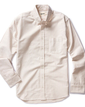 flatlay of The Jack in Sunburn Stripe Oxford, shown in full, Wovens by Taylor Stitch