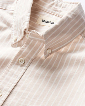 material shot of the button down collar on The Jack in Sunburn Stripe Oxford, Wovens by Taylor Stitch