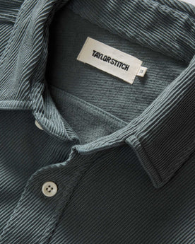 material shot of the collar on The Ledge Shirt in Deep Sea Twill, Wovens by Taylor Stitch