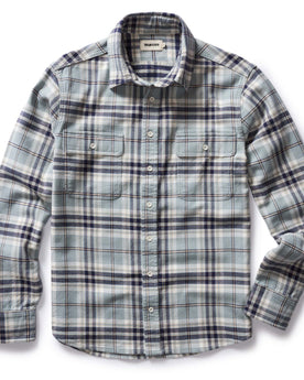 flatlay of The Ledge Shirt in Faded Blue Plaid, shown in full, Wovens by Taylor Stitch