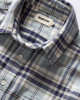 material shot of the collar on The Ledge Shirt in Faded Blue Plaid, Wovens by Taylor Stitch