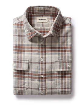 flatlay of The Ledge Shirt in Redwood Plaid, Wovens by Taylor Stitch
