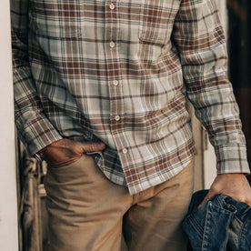 fit model showing the buttons on The Ledge Shirt in Redwood Plaid