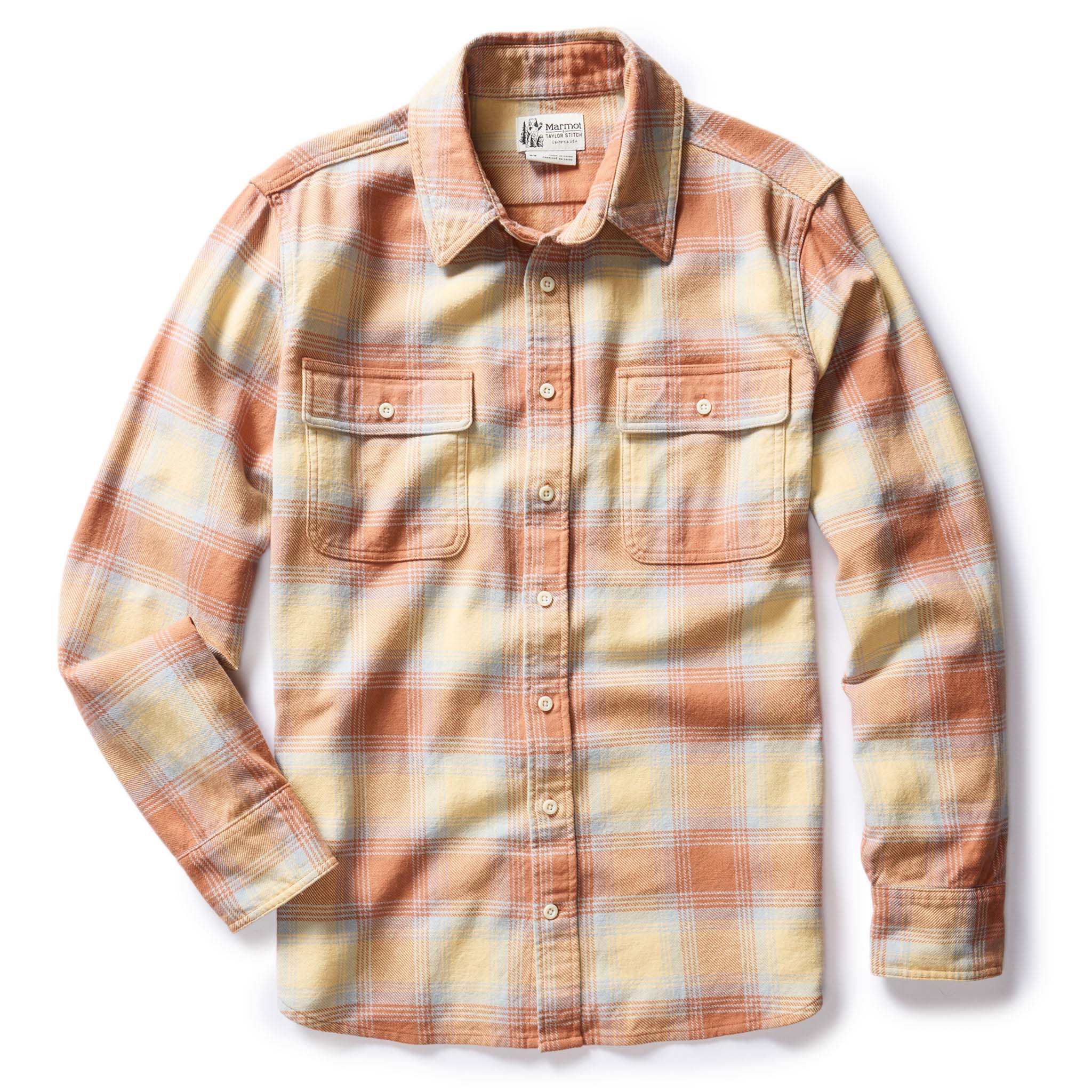 flatlay of The Ledge Shirt in Sunrise Plaid, shown in full, Wovens by Taylor Stitch