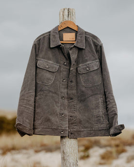 editorial image of The Long Haul Jacket in Shale Cord on a hanger, Outerwear by Taylor Stitch