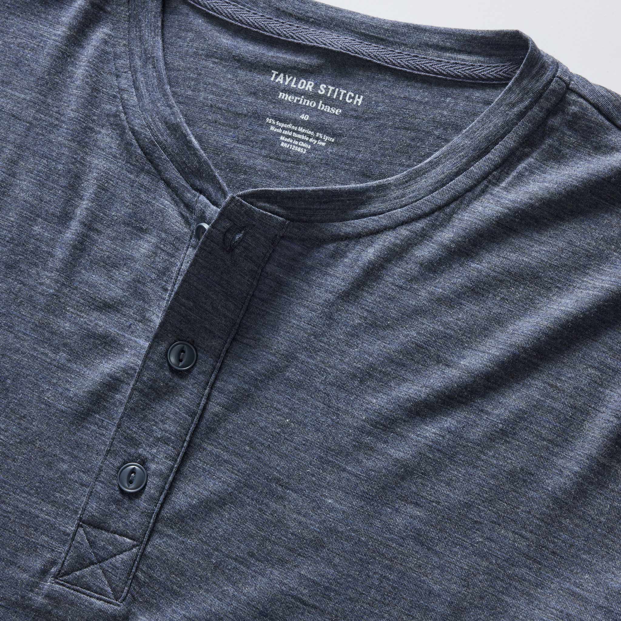 material shot of the collar on The Merino Henley in Heather Navy, Knits by Taylor Stitch