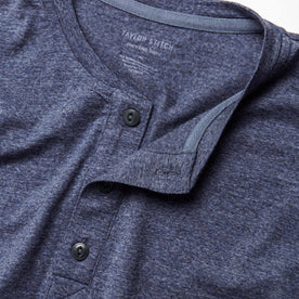 material shot of the collar on The Merino Henley in Heather Navy