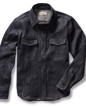 flatlay of The Mill Shirt Jacket in Kuroki Slub Denim, Outerwear by Taylor Stitch