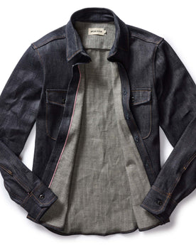 flatlay of the open The Mill Shirt Jacket in Kuroki Slub Denim, Outerwear by Taylor Stitch