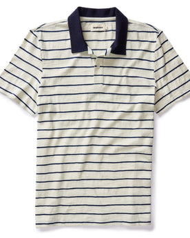 flatlay of The Organic Cotton Polo in Bleached Natural Stripe, Knits by Taylor Stitch