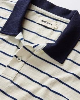 material shot of the collar on The Organic Cotton Polo in Bleached Natural Stripe, Knits by Taylor Stitch