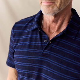 fit model showing off collar detail on The Organic Cotton Polo in Washed Indigo Stripe