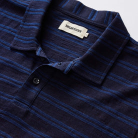 material shot of the collar on The Organic Cotton Polo in Washed Indigo Stripe