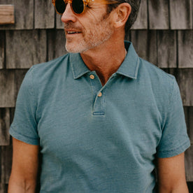 fit model showing off the collar on The Organic Cotton Polo in Washed Indigo