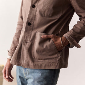 fit model with his hand in the pocket of The Ojai Jacket in Organic Dried Earth Foundation Twill