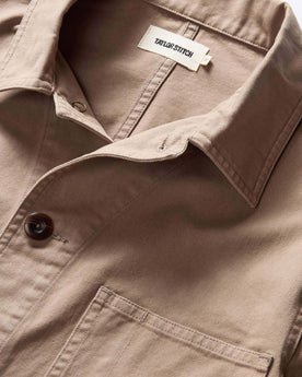 material shot of the collar on The Ojai Jacket in Organic Dried Earth Foundation Twill, Outerwear by Taylor Stitch