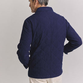 fit model showing off the back of The Ojai Jacket in Indigo Diamond Quilt