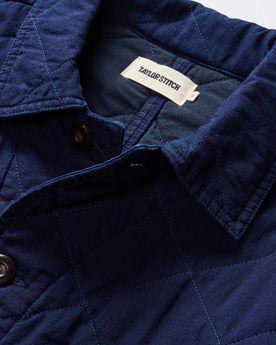 material shot of the collar on The Ojai Jacket in Indigo Diamond Quilt, Outerwear by Taylor Stitch