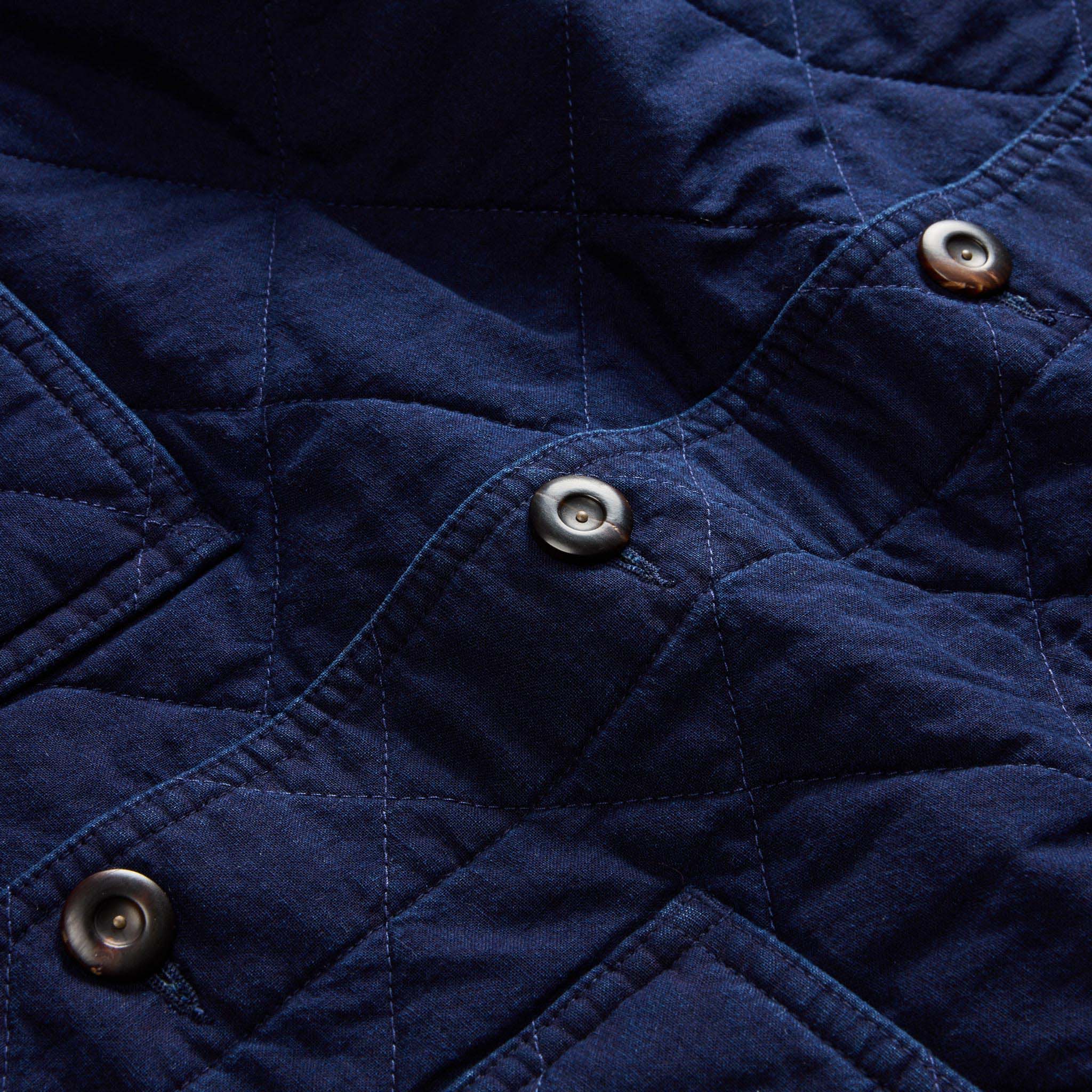 material shot of the buttons on The Ojai Jacket in Indigo Diamond Quilt, Outerwear by Taylor Stitch