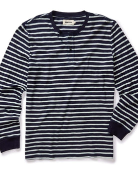 flatlay of The Organic Cotton Henley in Rinsed Indigo Stripe, Knits by Taylor Stitch