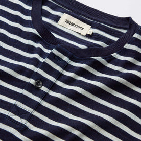 material shot of the collar and buttons on The Organic Cotton Henley in Rinsed Indigo Stripe