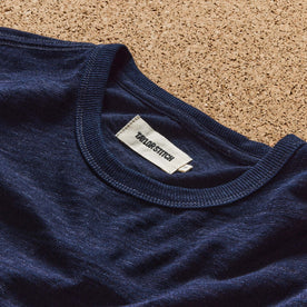 editorial image of the collar on The Organic Cotton Tee in Rinsed Indigo