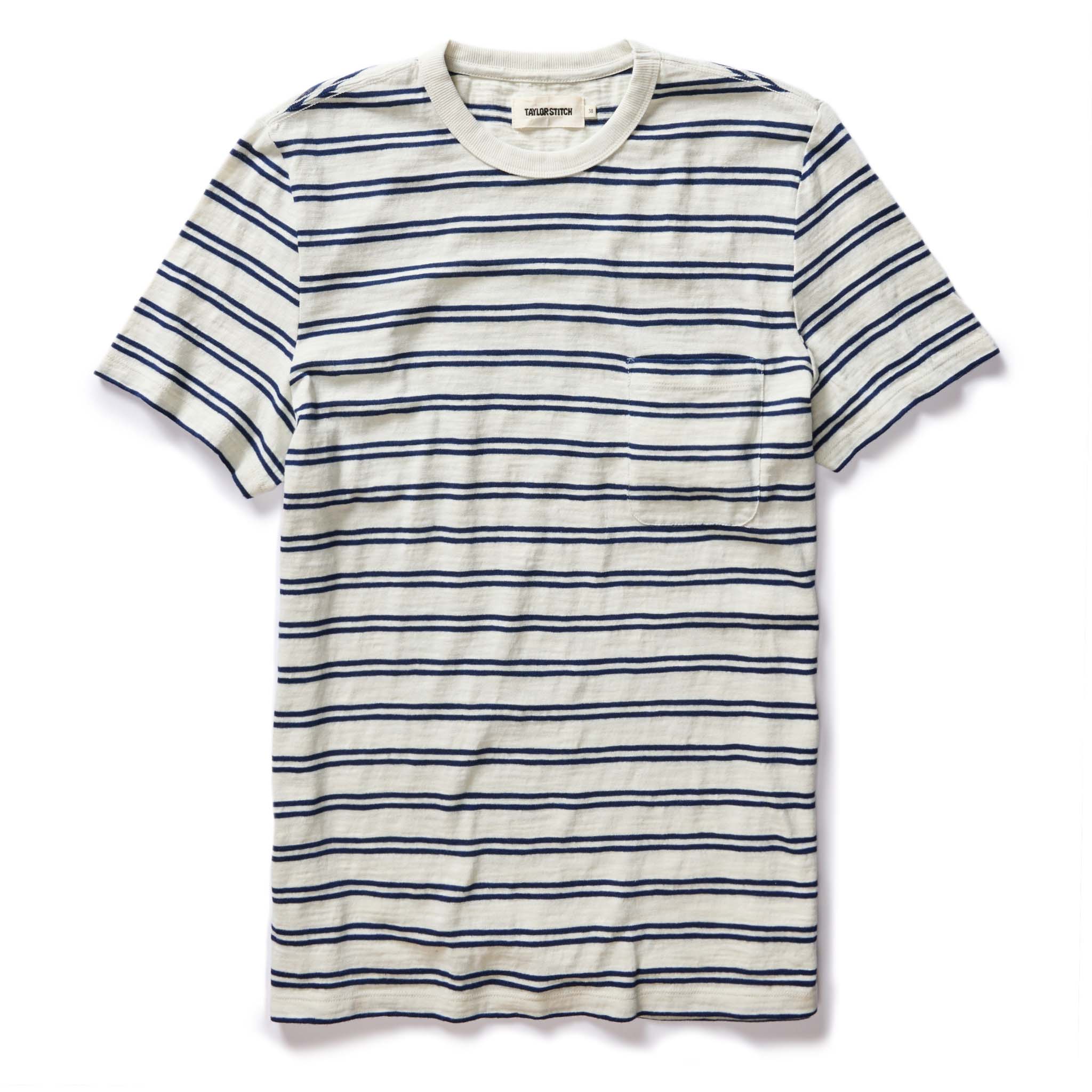 flatlay of The Organic Cotton Tee in Washed Indigo Stripe, Knits by Taylor Stitch
