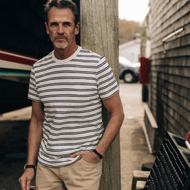 fit model with his hand in his pocket wearing The Organic Cotton Tee in Washed Indigo Stripe