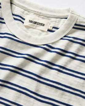 material shot of the collar on The Organic Cotton Tee in Washed Indigo Stripe, Knits by Taylor Stitch