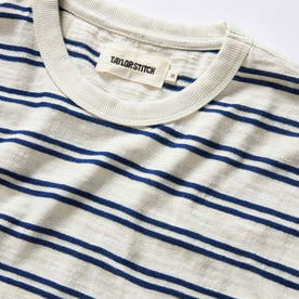 material shot of the collar on The Organic Cotton Tee in Washed Indigo Stripe