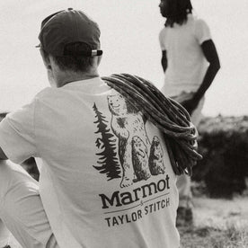 fit model showing the Taylor Stitch x Marmot graphic on the back of The Organic Cotton Tee in Trail Buddies