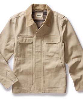 flatlay of The Workhorse Utility Jacket in Light Khaki Chipped Canvas, Outerwear by Taylor Stitch