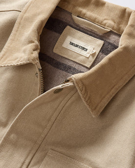 material shot of the corduroy collar on The Workhorse Utility Jacket in Light Khaki Chipped Canvas, Outerwear by Taylor Stitch