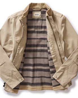 flatlay of The Workhorse Utility Jacket in Light Khaki Chipped Canvas, shown open, Outerwear by Taylor Stitch
