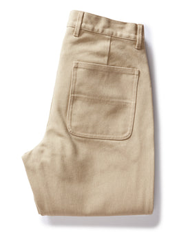 flatlay of The Camp Pant in Light Khaki Chipped Canvas, folded from back, Bottoms by Taylor Stitch