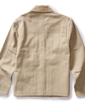 flatlay of The Workhorse Utility Jacket in Light Khaki Chipped Canvas, from the back, Outerwear by Taylor Stitch