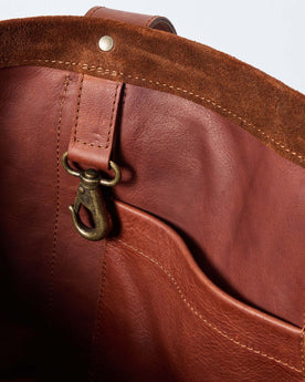 material shot of the inner clip on The Roughout Tote in Chocolate Suede, Accessories by Taylor Stitch