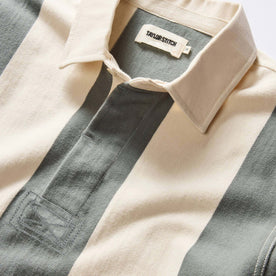 material shot of the collar on The Rugby Shirt in Deep Sea Stripe