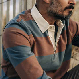 fit model showing off the collar on The Rugby Shirt in Faded Brick Stripe