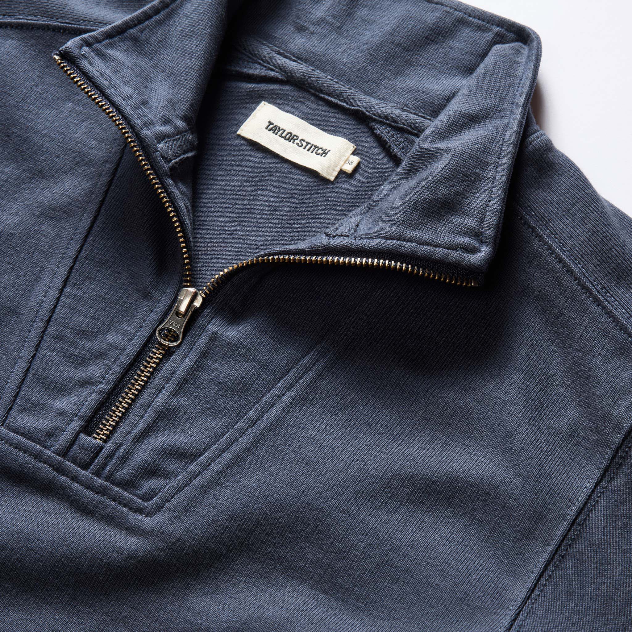 material shot of the collar on The Rugby Quarter Zip in Faded Navy, Knits by Taylor Stitch