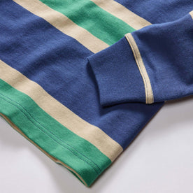 material shot of the ribbed cuff on The Rugby Shirt in Navy Stripe