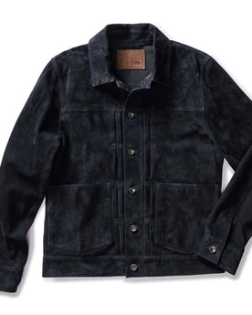 flalay of The Ryder Jacket in Dark Navy Suede, Outerwear by Taylor Stitch
